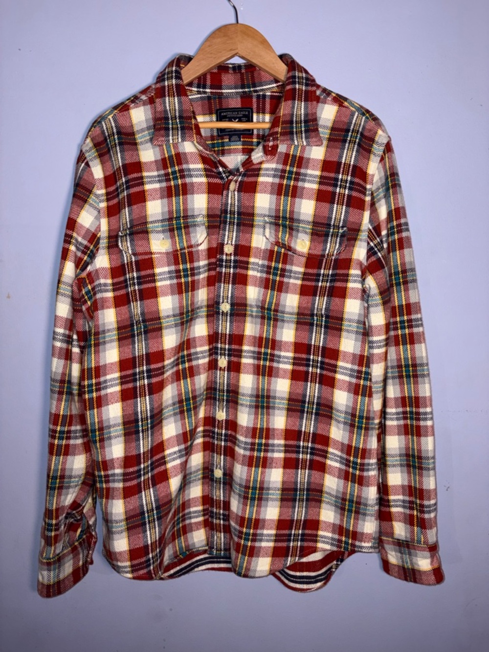 American Eagle Outfitters Red and Cream Plaid Button-Down Shirt
